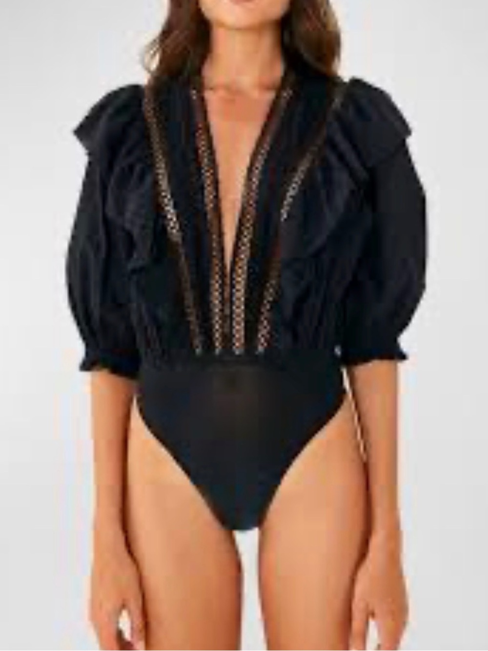 FARM Rio black Deep V Ruffled Lace-Inset Bodysuit - Picture 10 of 10